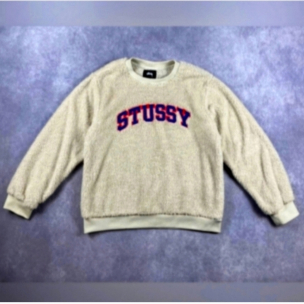 NWOT Stussy Beige Crew Neck Sweatshirt Teddy Sherpa Size Small Women